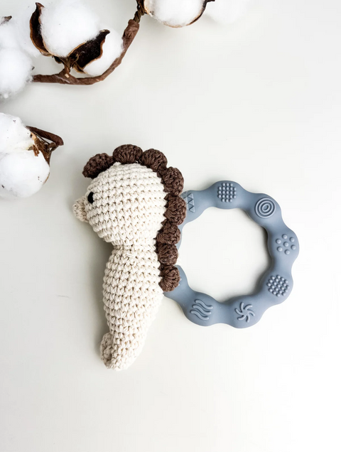 Hochet Silicone Et Crochet Hippocampe Beige Gris