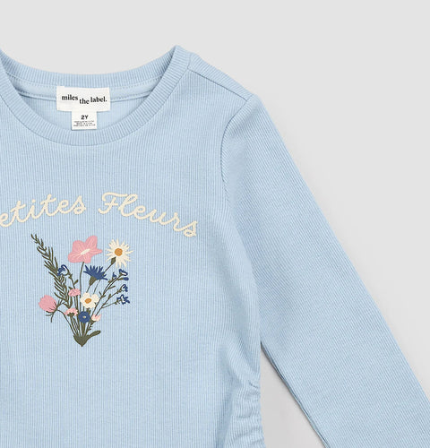 Haut Côtelé Bleu Céleste Petites Fleurs