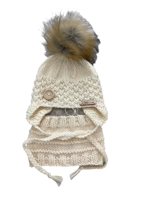 Tuque Avec Cache-Oreilles & Cache-Cou Crème (0-3 Mois)