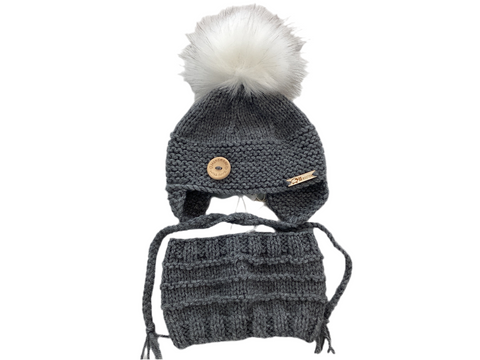 Tuque Avec Cache-Oreilles & Cache-Cou Gris Foncé (0-3 Mois)