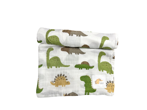 Mousseline Bambou Dinosaures Vert Safari & Beige