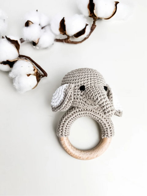 Hochet Bois Et Crochet Éléphant Beige