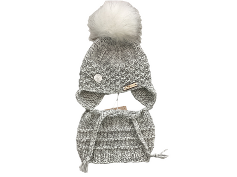 Tuque Avec Cache-Oreilles & Cache-Cou Gris-Blanc (0-3 Mois)