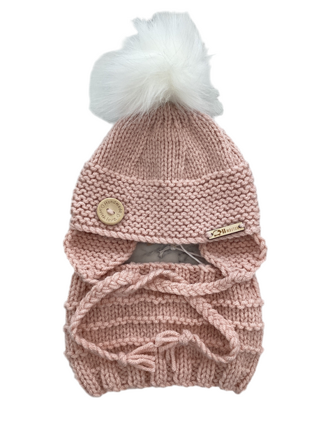 Tuque Avec Cache-Oreilles & Cache-Cou Rose Pâle (0-3 Mois)