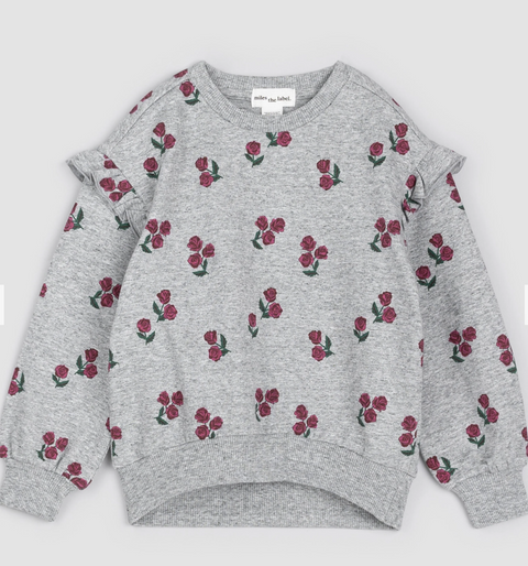 Pull gris chiné à imprimé de roses