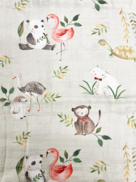 Mousseline Bambou Tortue, Flamants, Ours, Pandas, Canard Sauge