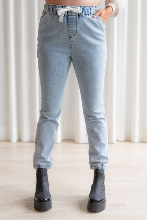 Jeans À Taille Élastique Bleu Pâle