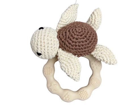 Hochet Silicone Et Crochet Tortue Beige Brun