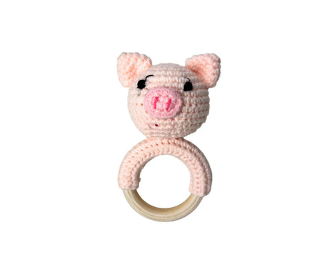 Hochet Bois Et Crochet Cochon Rose Pâle