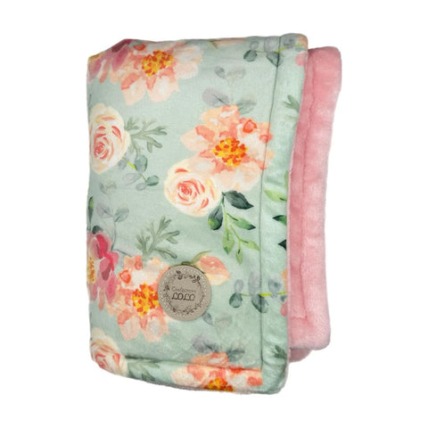 Doudou Minky Grosses Fleurs Rose Fond Sauge