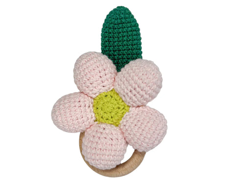 Hochet Bois Et Crochet Marguerite Rose & Vert