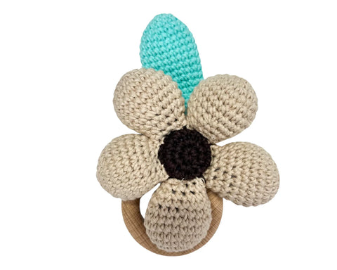 Hochet Bois Et Crochet Marguerite Beige & Turquoise