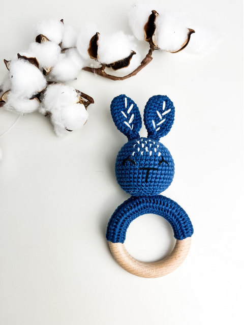 Hochet Bois Et Crochet Lapin Marine