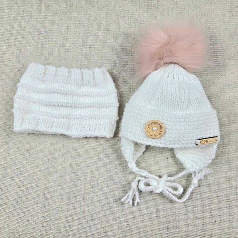 Tuque Avec Cache-oreilles Avec Pompon Rose & Cache-cou Blanc (Naissant)