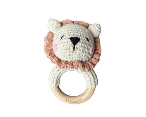 Hochet Bois Et Crochet Lion rose