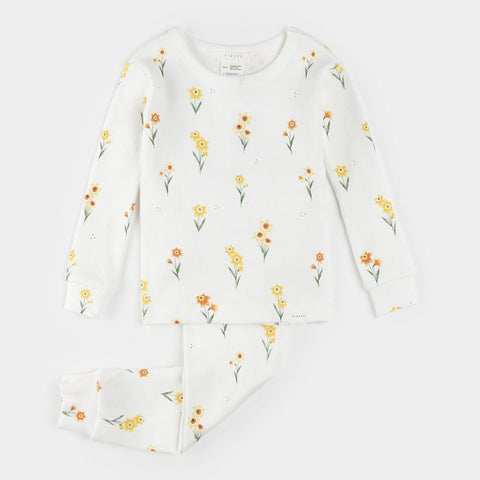 Ensemble Pyjama Côtelé Blanc À Imprimés Jonquilles Pour Bébé