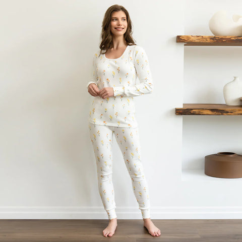 Ensemble Pyjama Côtelé Blanc À Imprimés Jonquilles Pour Femme