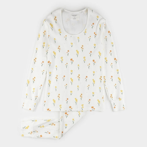 Ensemble Pyjama Côtelé Blanc À Imprimés Jonquilles Pour Femme