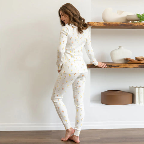 Ensemble Pyjama Côtelé Blanc À Imprimés Jonquilles Pour Femme