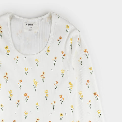 Ensemble Pyjama Côtelé Blanc À Imprimés Jonquilles Pour Femme