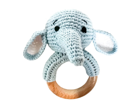 Hochet Bois Et Crochet Éléphant Bleu