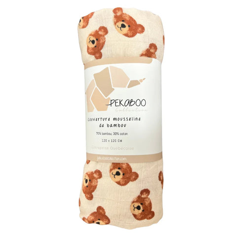 Mousseline Bambou Figure Ourson Rust